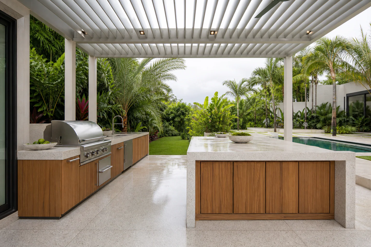 Weather-resistant teak outdoor kitchen beside a tropical Miami pool