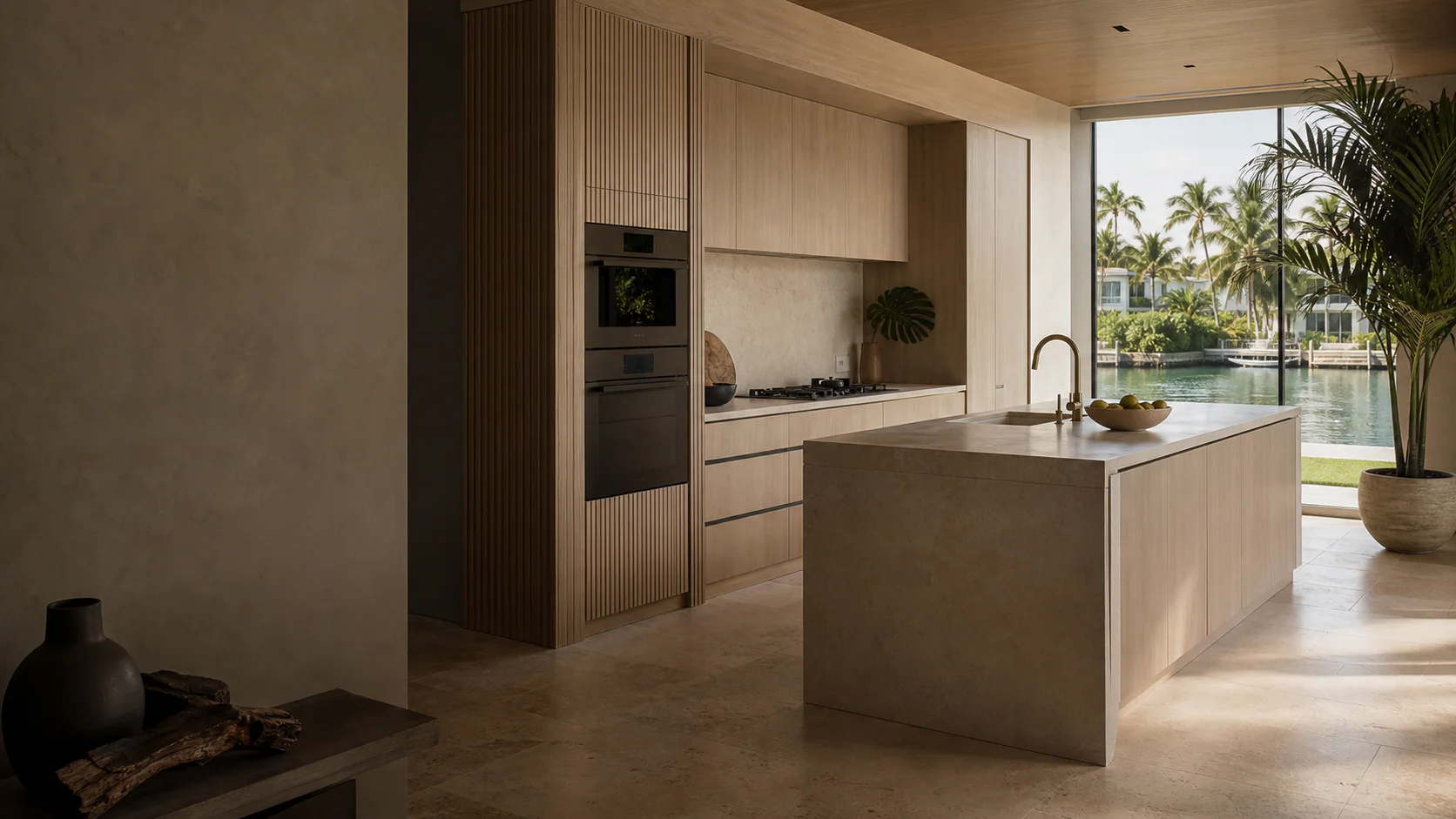Bespoke white oak kitchen overlooking a Miami waterfront