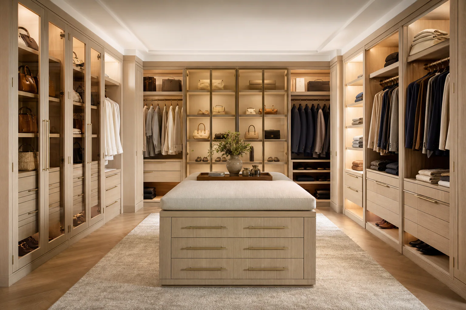 White oak walk-in closet with illuminated glass-front cabinetry